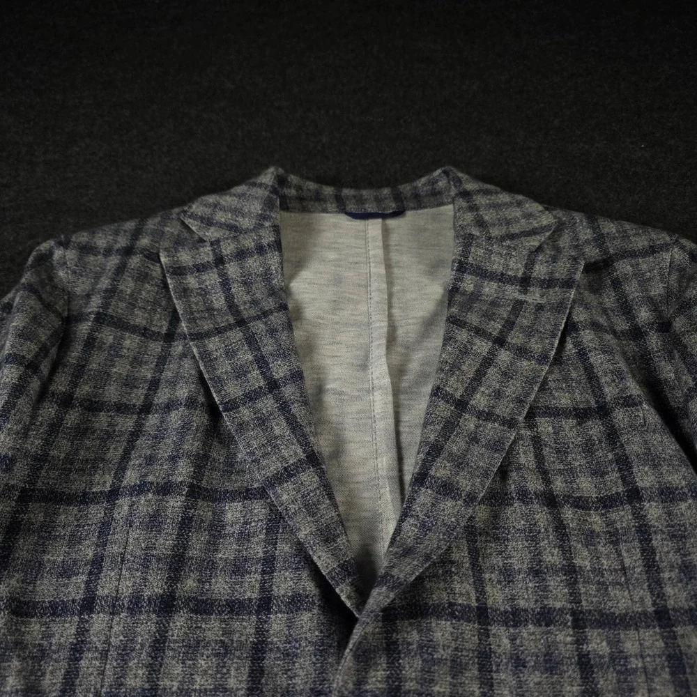 Lubiam Blue Grey Plaid Blazer Unstructured Sport Coat Cotton Mens 50R (fits 38R)
